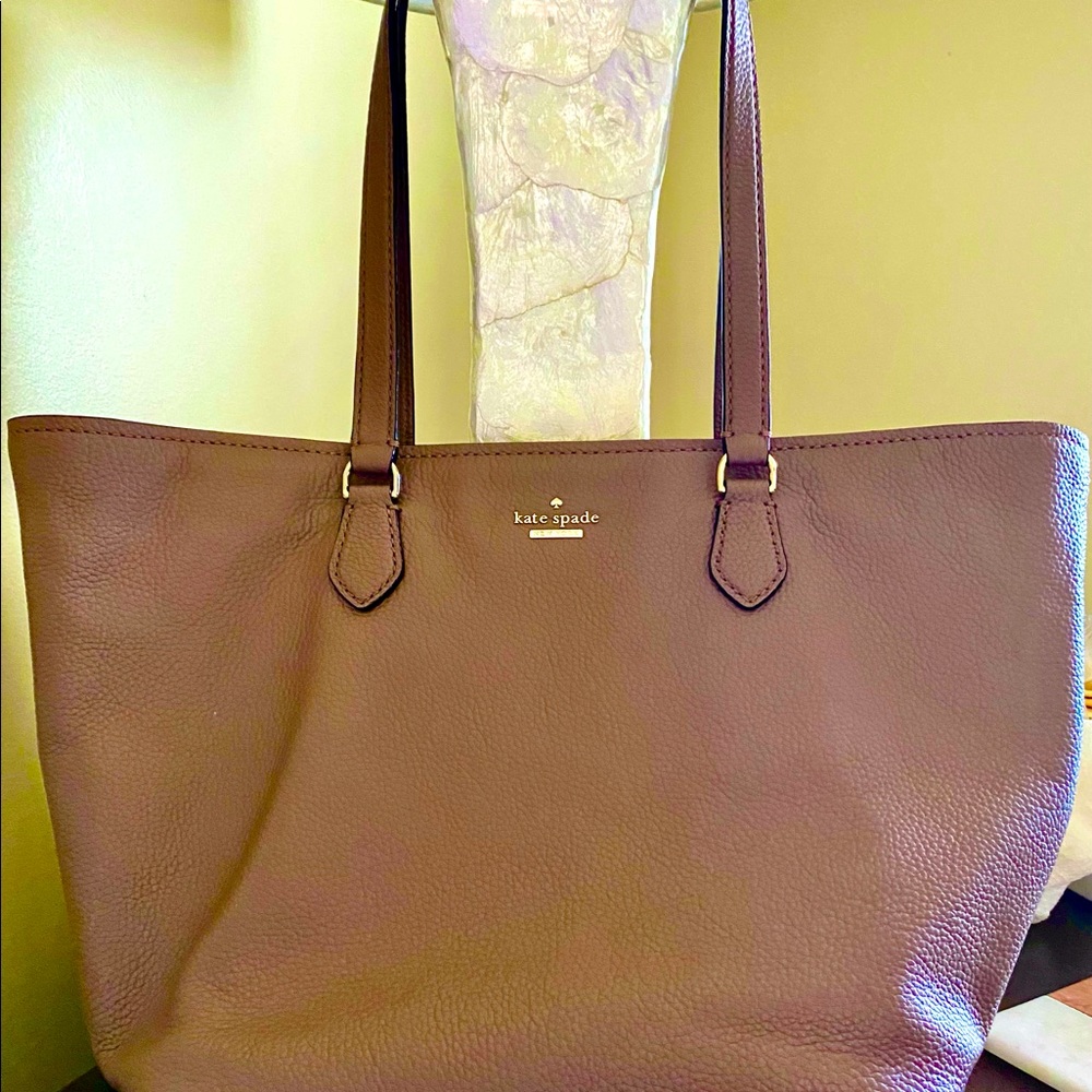 Kate Spade Tote Shoulder Utility Bag Purse Taupe Leather Zipper Top
